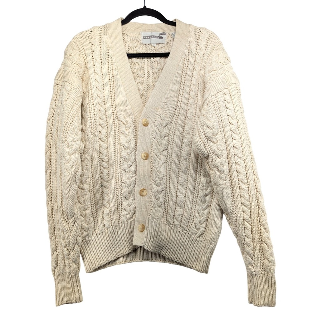 Bullocks Vintage Cream Cable Knit Cardigan Mens Large 100% Cotton Ivory